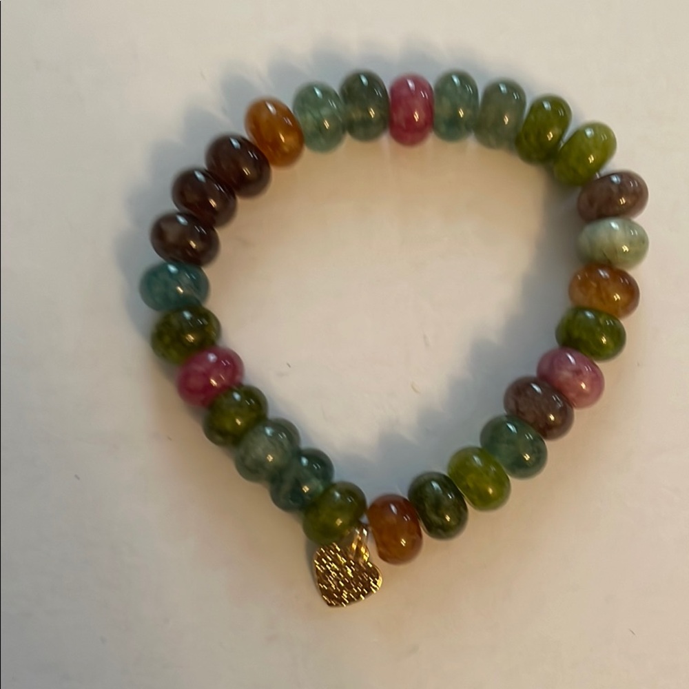 Multicolor tourmaline Beaded Stretch Bracelet with Gold Heart Charm